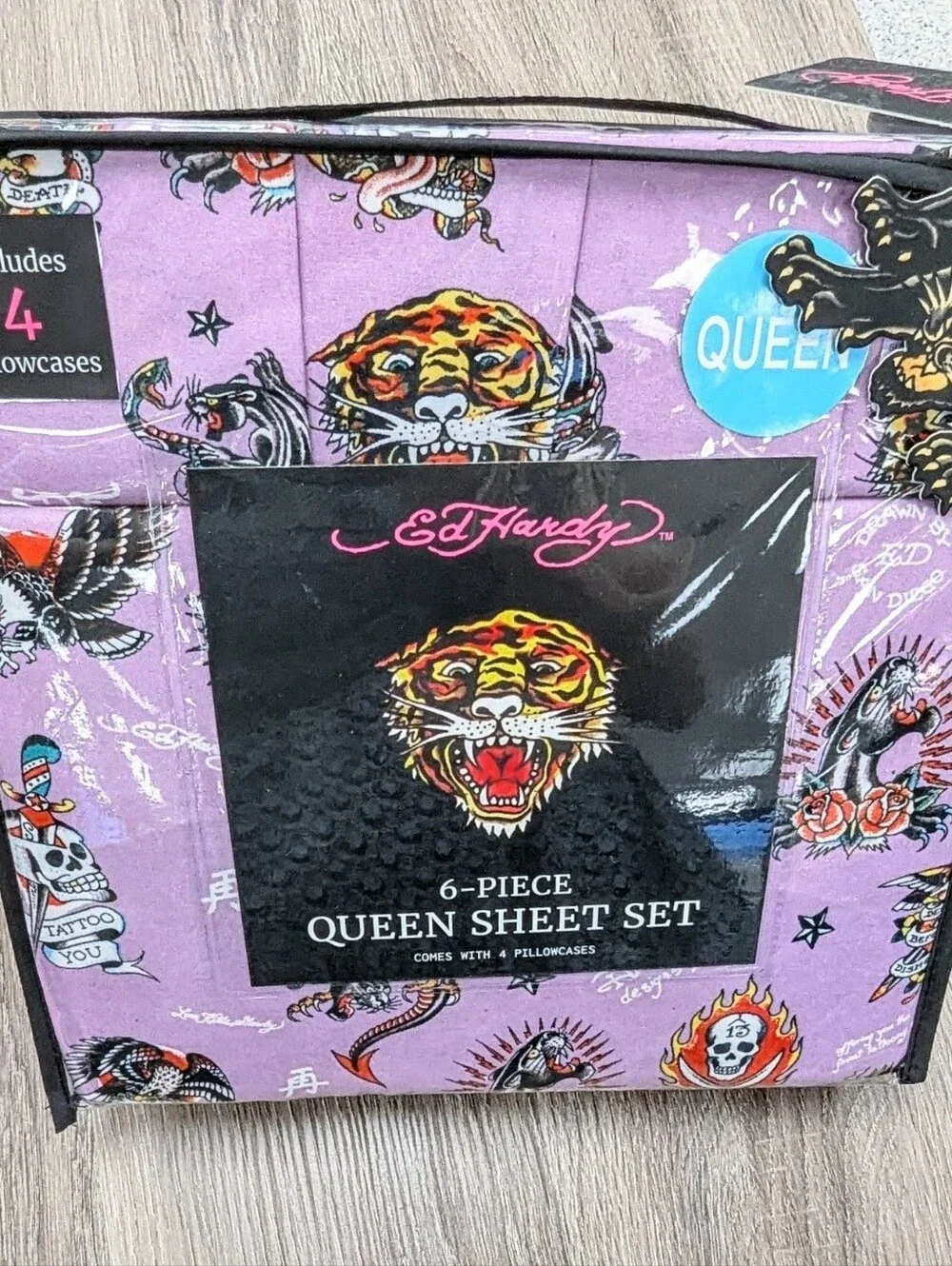 New 6pc Ed Hardy Lavender Purple Queen Sheet Set with Tattoo Art
